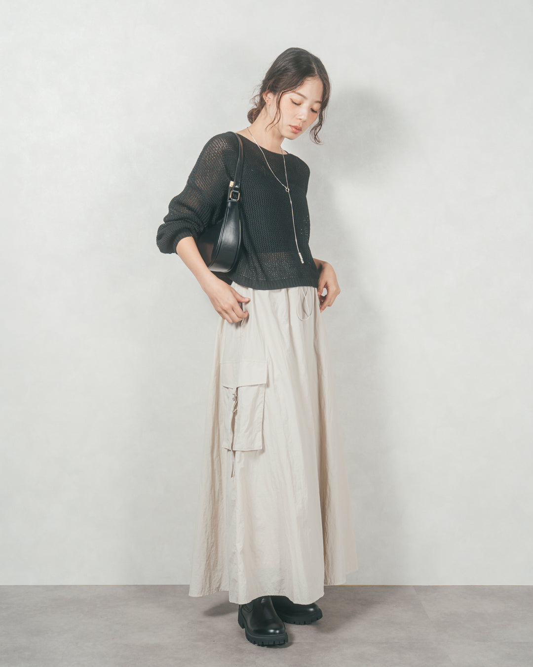 ドローストリングナイロンカーゴスカート (IVORY)