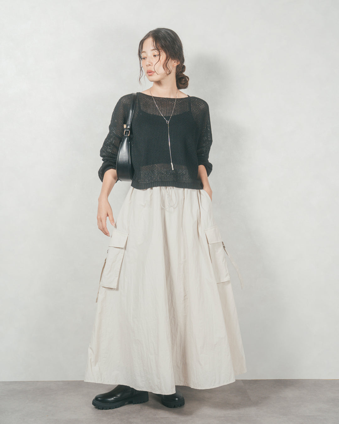 ドローストリングナイロンカーゴスカート (IVORY)