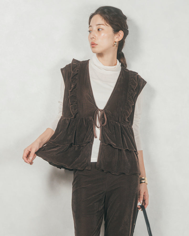 フロントリボンFrillベロアベスト(BROWN)