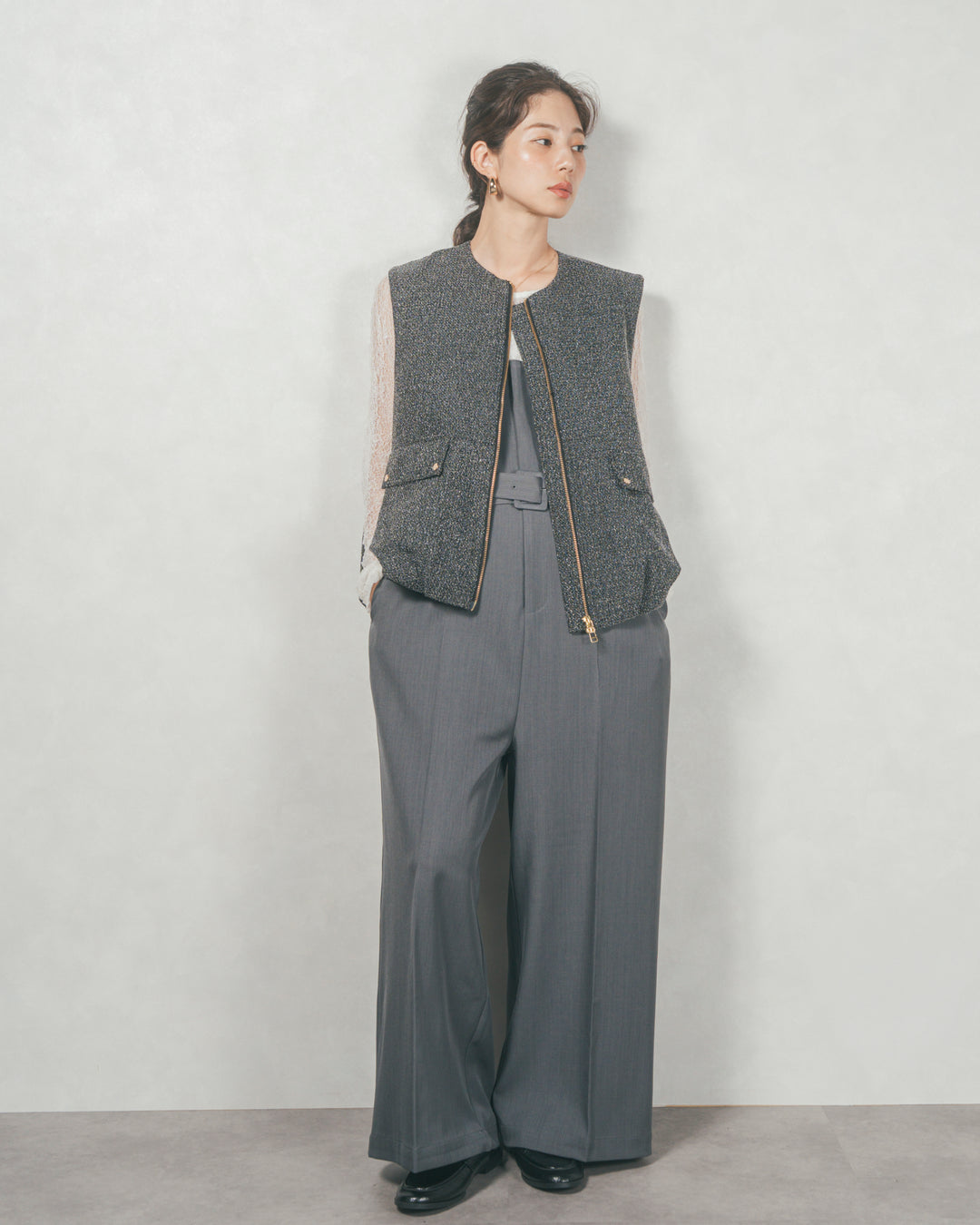 ネップ入りTweedバルーンベスト(BLACK)
