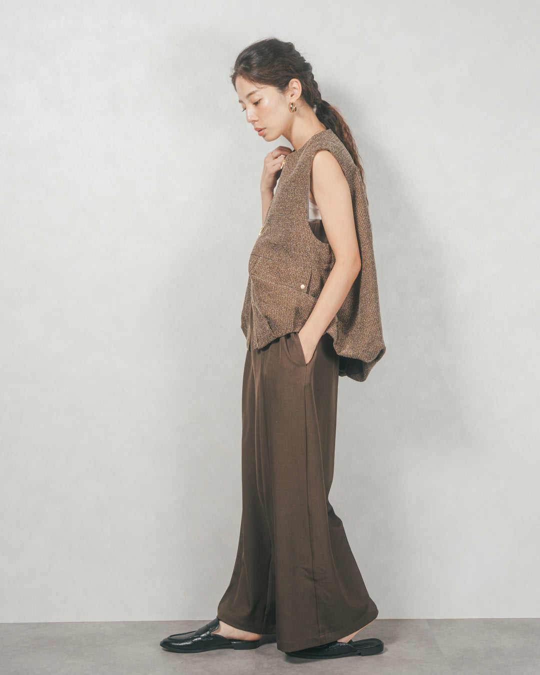 ネップ入りTweedバルーンベスト (BROWN)
