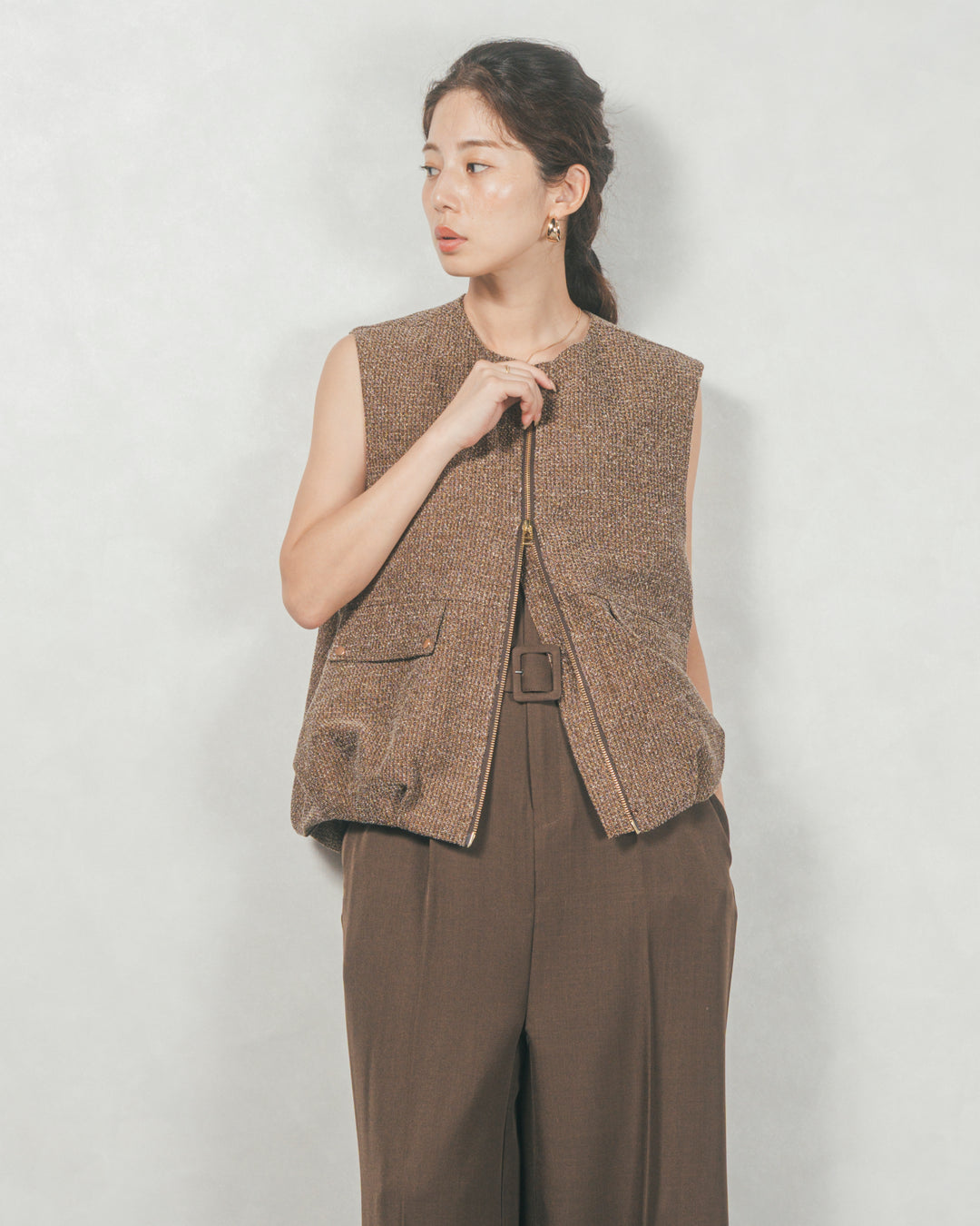 ネップ入りTweedバルーンベスト (BROWN)