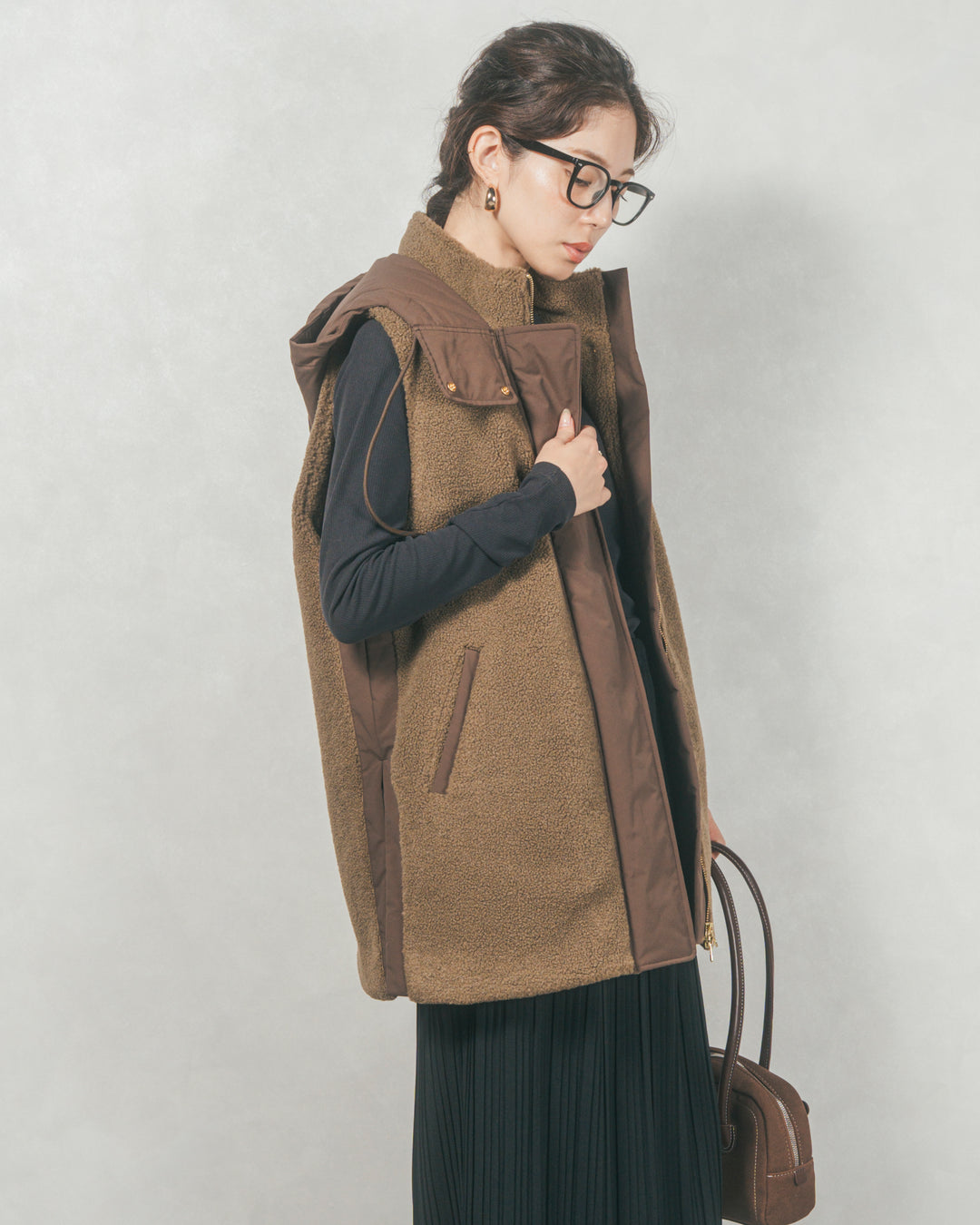 ボアxナイロン フーディーベスト (KHAKI)