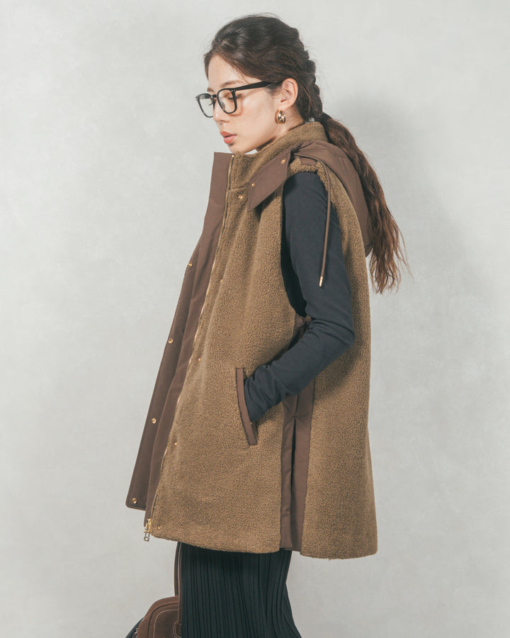 ボアxナイロン フーディーベスト (KHAKI)