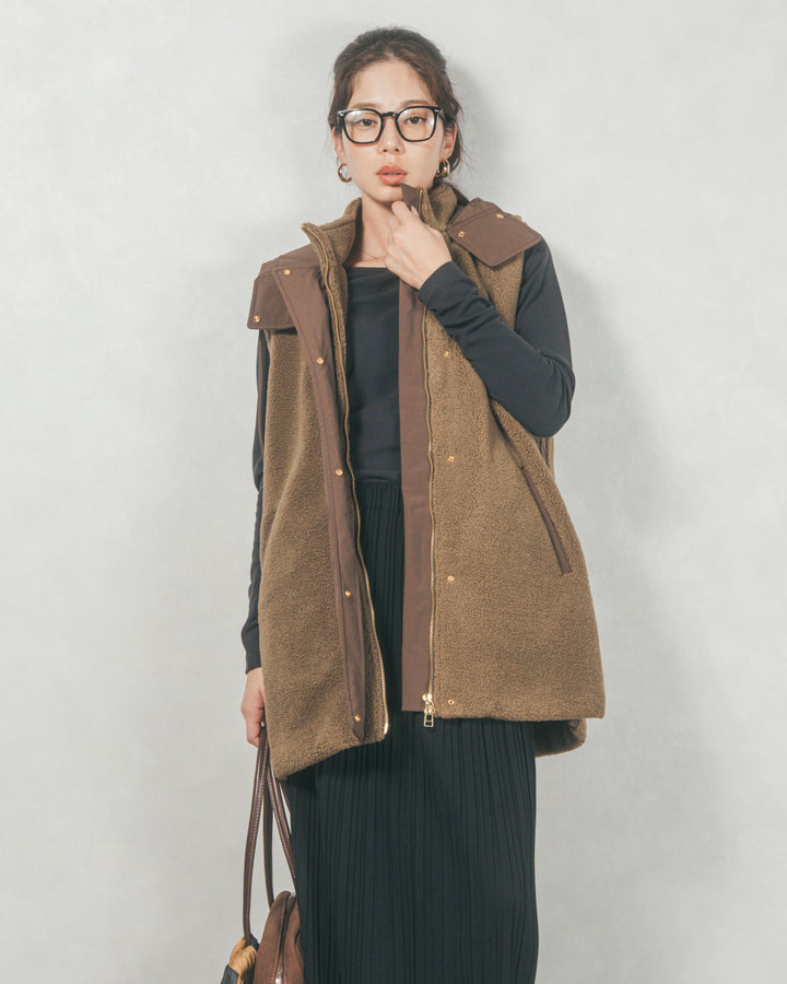 ボアxナイロン フーディーベスト (KHAKI)