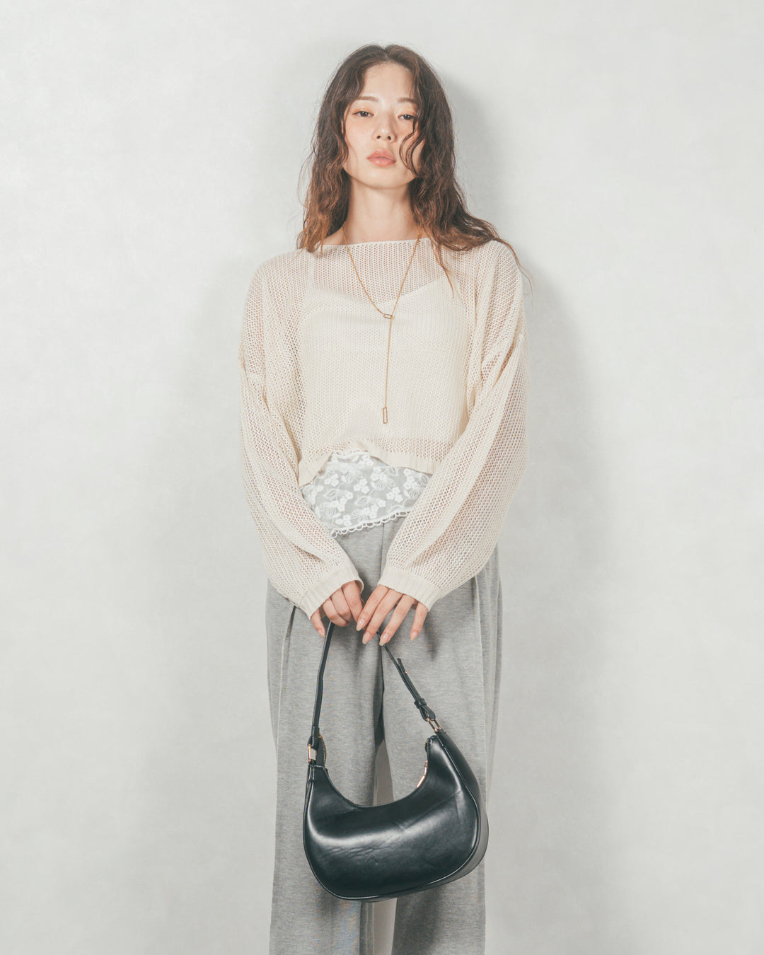クロップドメッシュニット (CREAM)