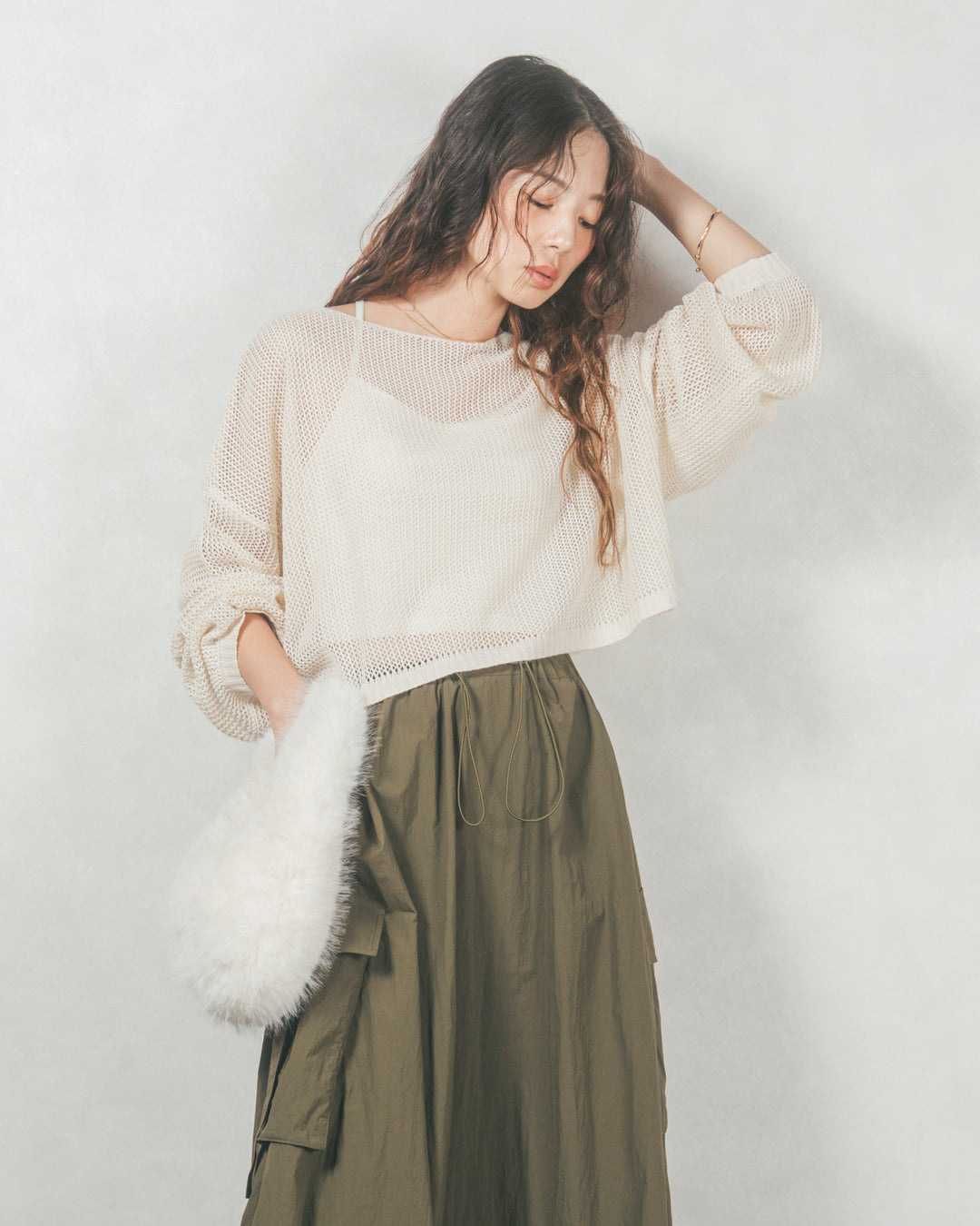 ドローストリングナイロンカーゴスカート (KHAKI)