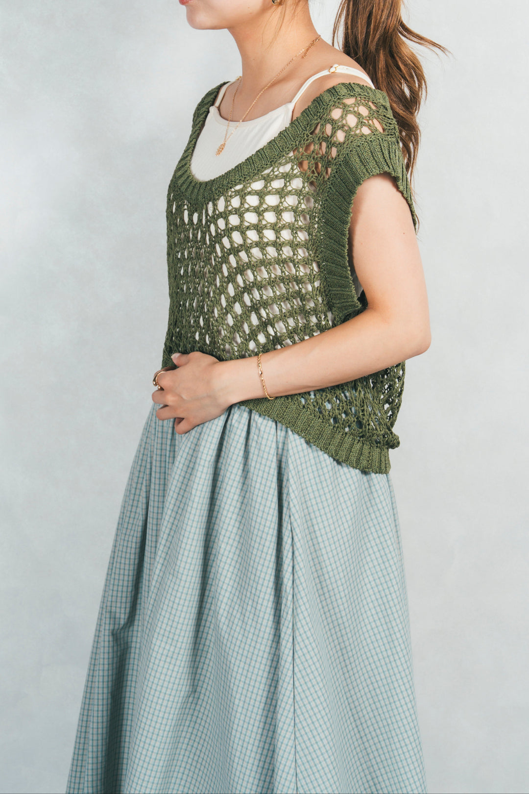 2-Way Uネックメッシュニットベスト (GREEN)