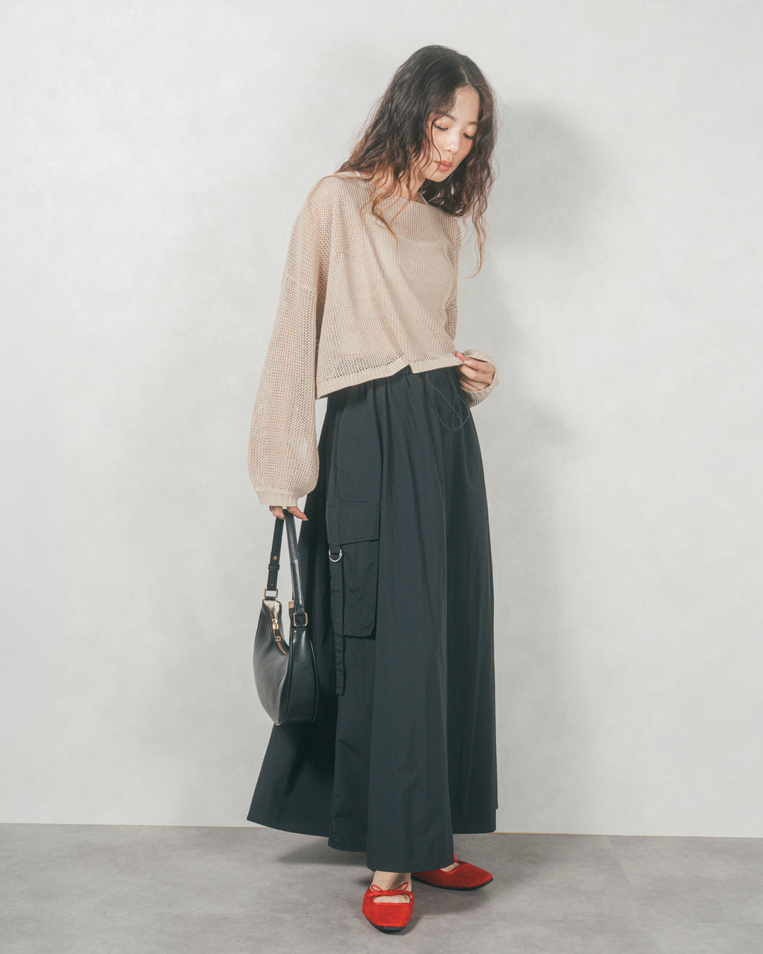 クロップドメッシュニット (BEIGE)