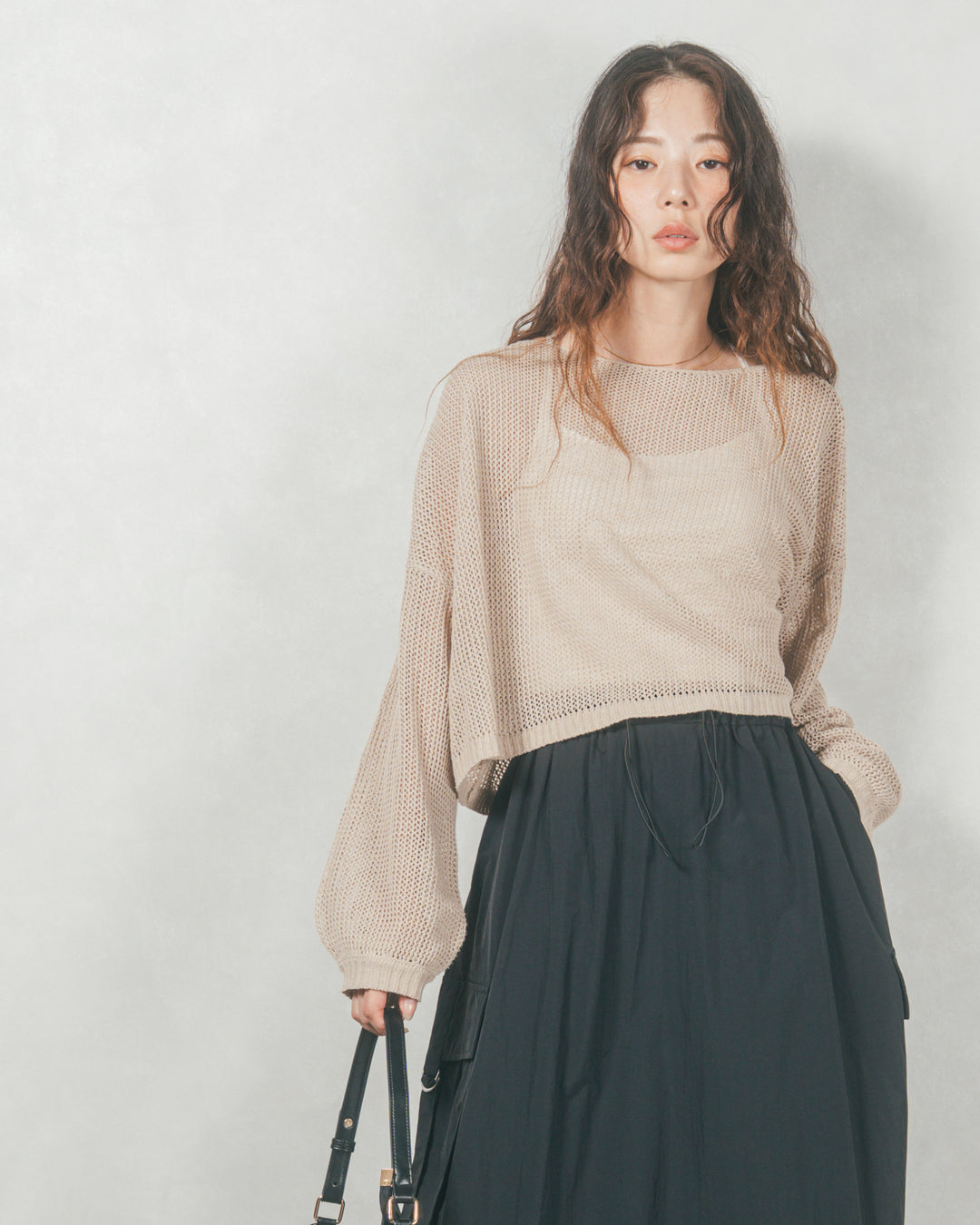 ドローストリングナイロンカーゴスカート (BLACK)