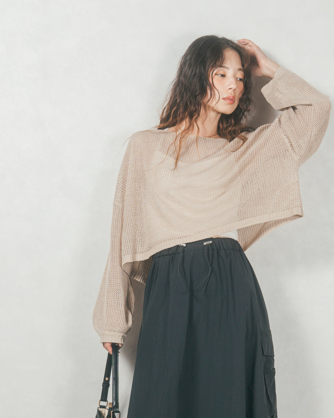 ドローストリングナイロンカーゴスカート (BLACK)