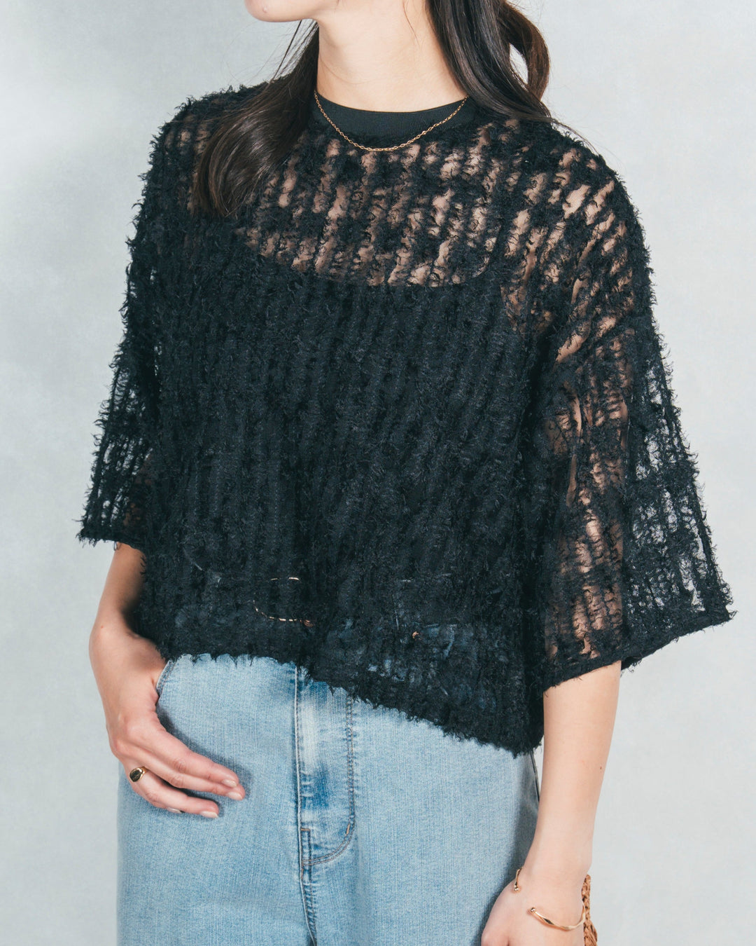 シアーフリンジトップス (BLACK)