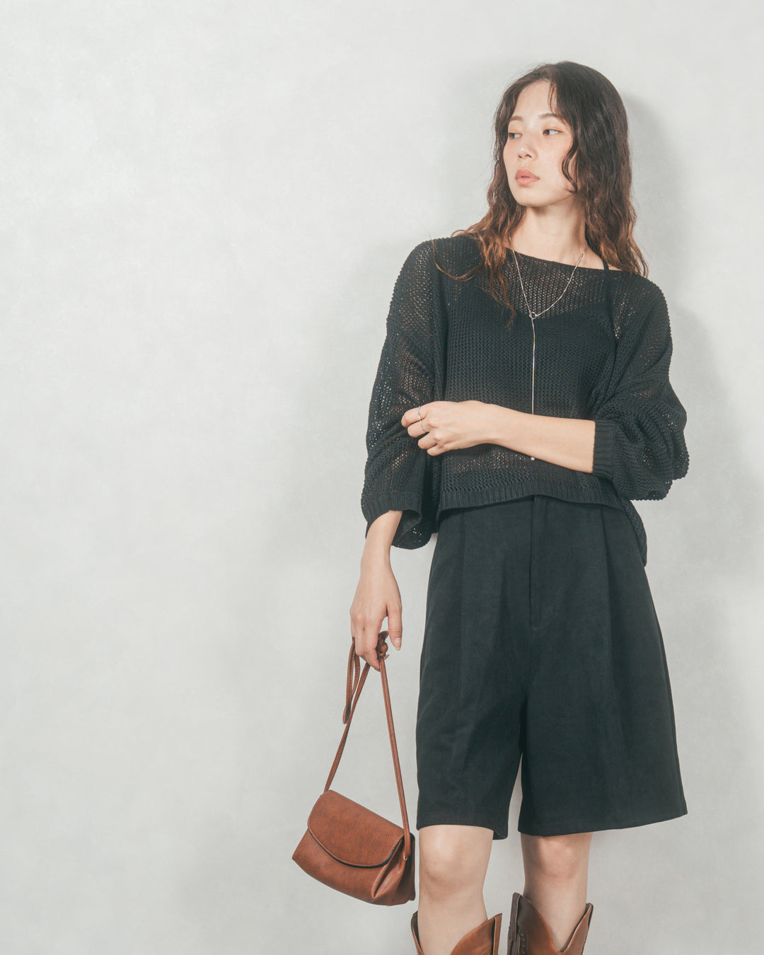 クロップドメッシュニット( BLACK)