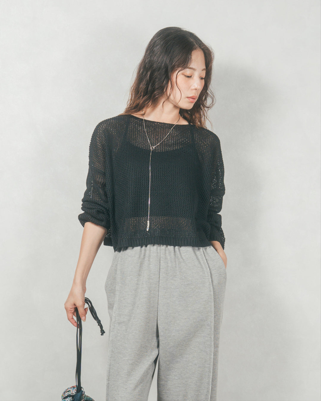 クロップドメッシュニット( BLACK)