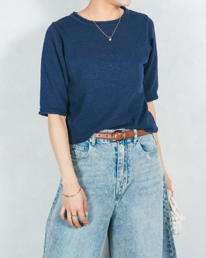 スラブカールデザインニットT (NAVY)