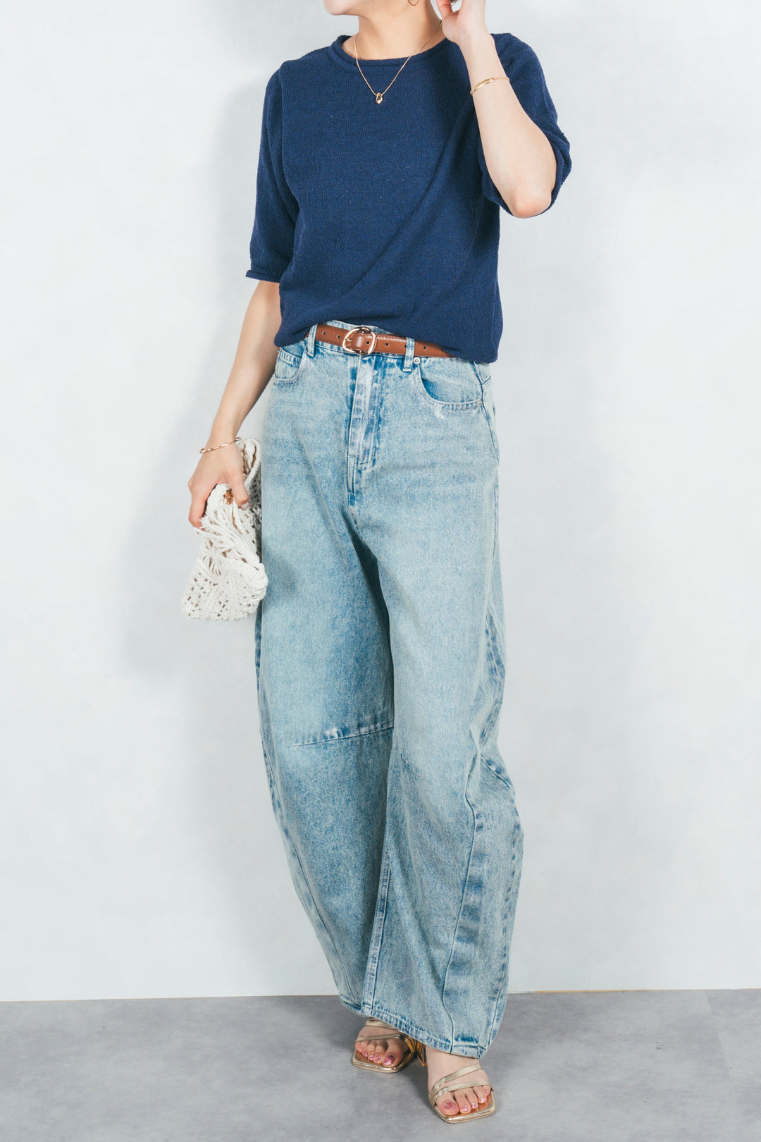 スラブカールデザインニットT (NAVY)