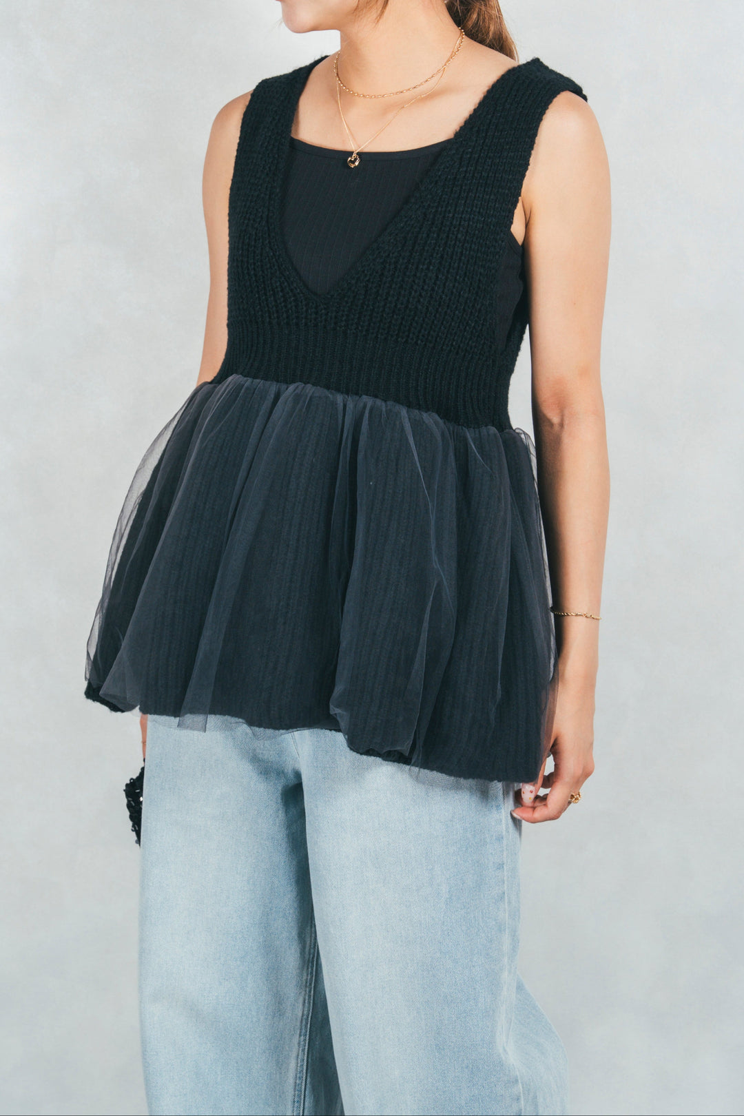 シーサイドチュールペプラムニットベスト (BLACK)