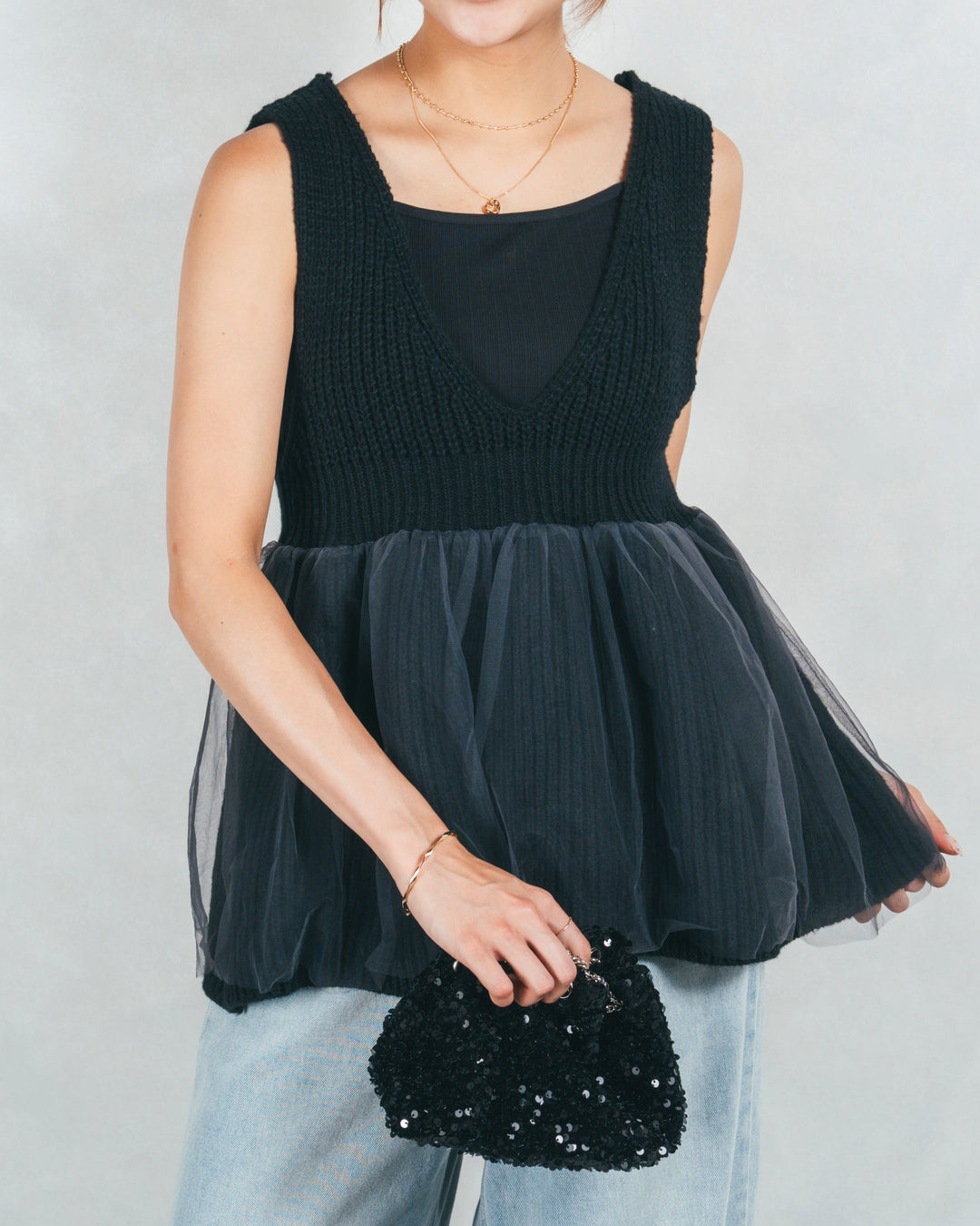 シーサイドチュールペプラムニットベスト (BLACK)