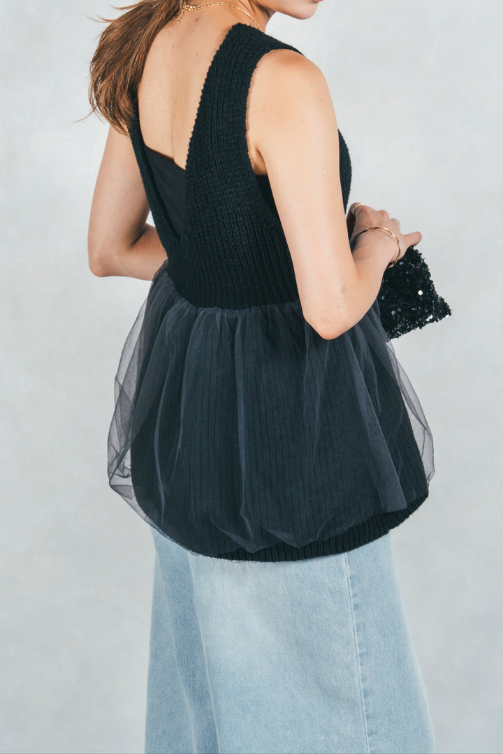 シーサイドチュールペプラムニットベスト (BLACK)