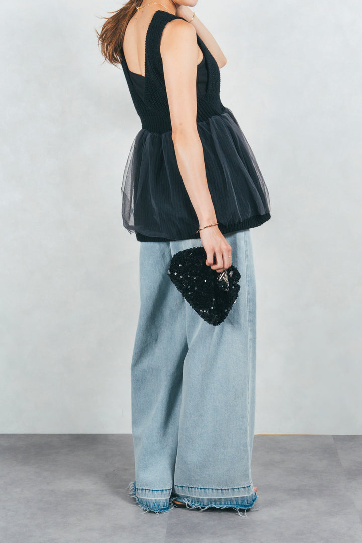 シーサイドチュールペプラムニットベスト (BLACK)