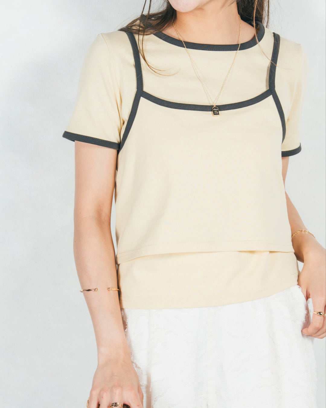 キャミ付きリンガーTシャツ (YELLOW x GREY)