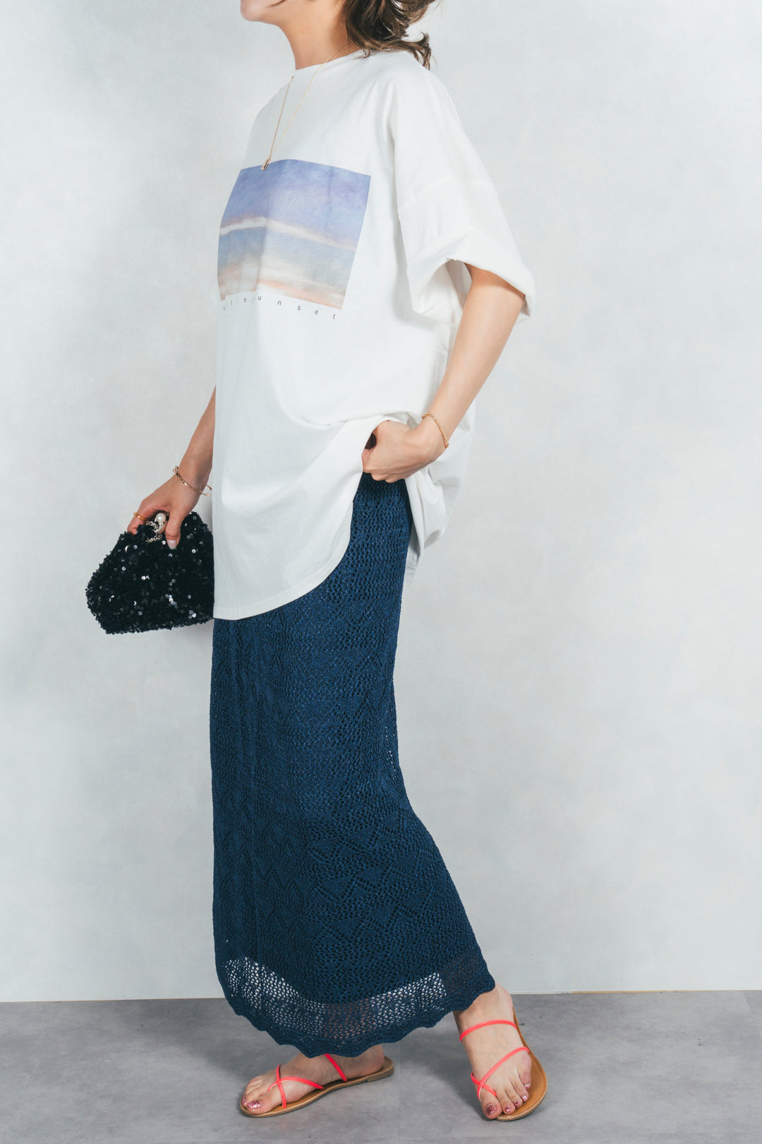 バックスリットレースニットスカート (NAVY)
