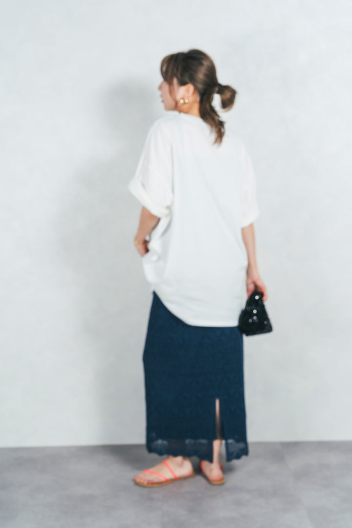バックスリットレースニットスカート (NAVY)
