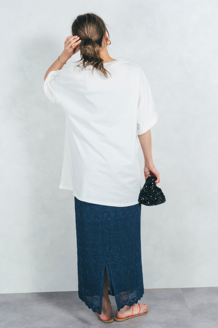 バックスリットレースニットスカート (NAVY)