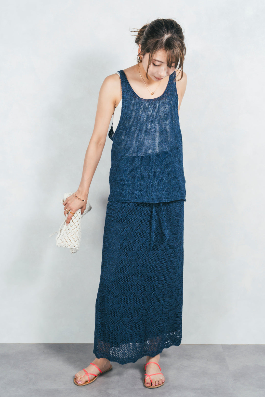バックスリットレースニットスカート (NAVY)