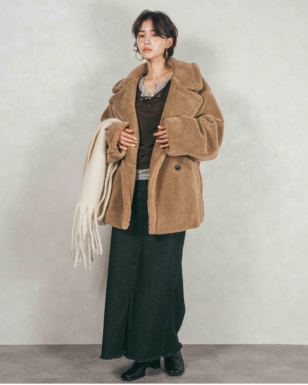 ［SET］テディボア Middleコート+フロントスリット Iラインデニムスカート（2SET）