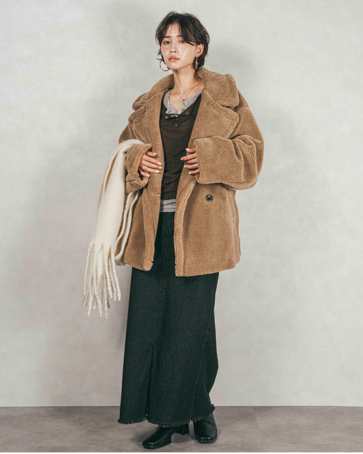 ［SET］テディボア Middleコート+フロントスリット Iラインデニムスカート（2SET）