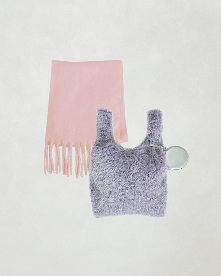 ［SET］ポーチ付Fairyファーバッグ+ボリュームフリンジ Shaggyマフラー（2SET）