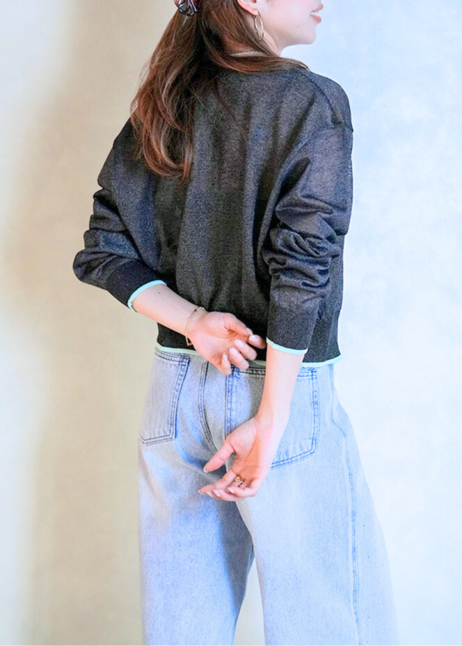 バイカラーシアーニットカーデ (BLACK )