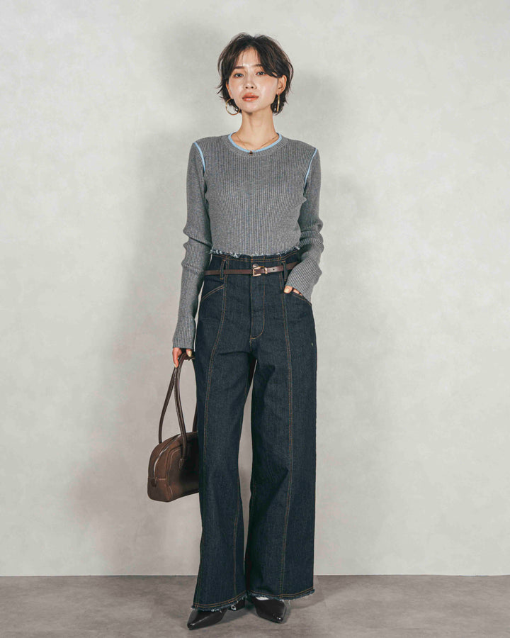 ［SET］バイカラークルーネックニットトップス+センターシーム リラックスワイドデニム（2SET）