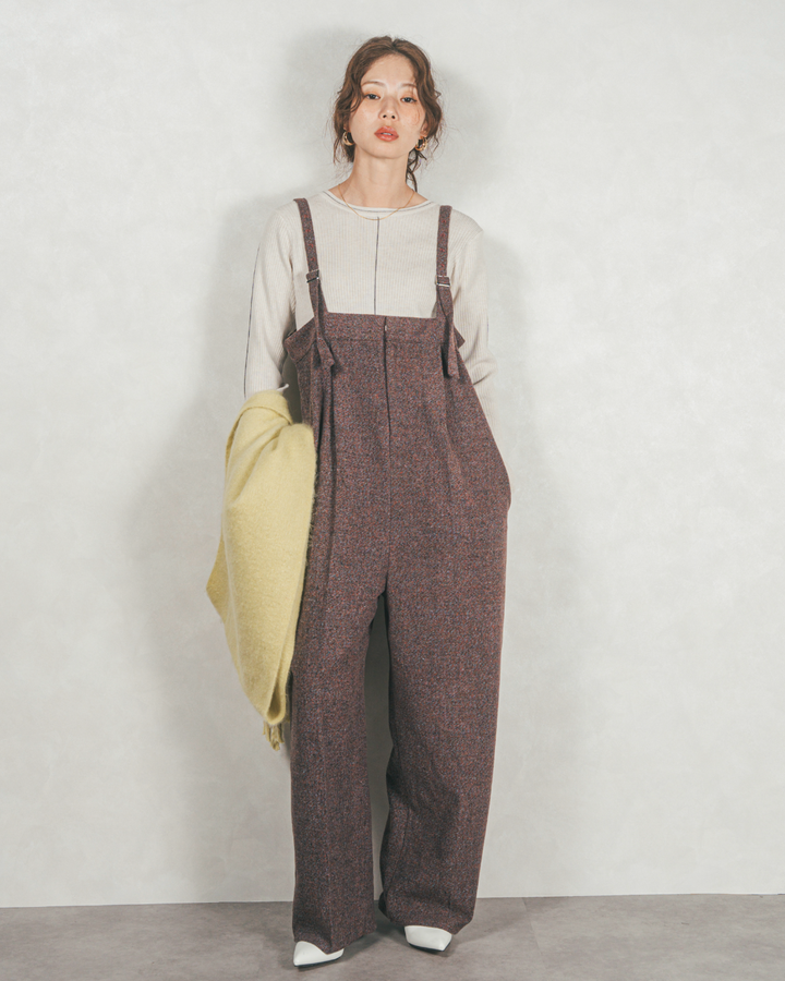 ［SET］ループ編みフリンジカーディガン+Tweedベロアサロペット（2SET）