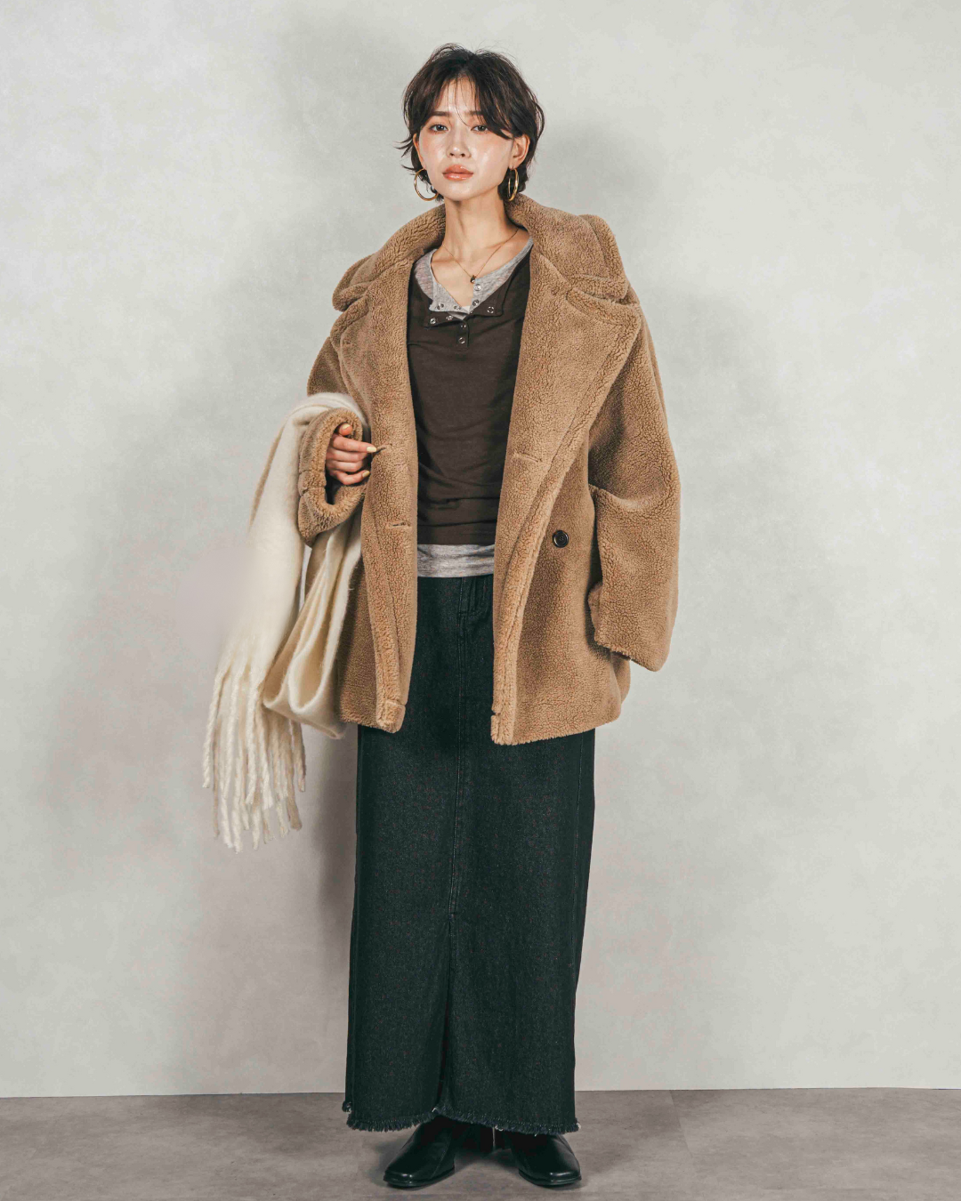 ［SET］テディボア Middleコート+フロントスリット Iラインデニムスカート（2SET）