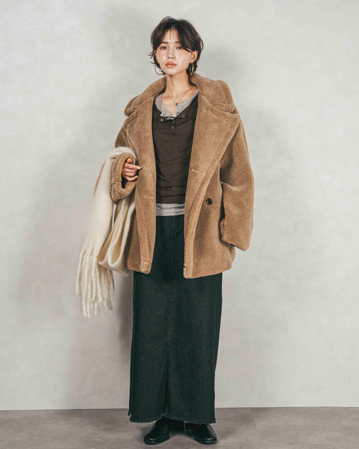 ［SET］テディボア Middleコート+フロントスリット Iラインデニムスカート（2SET）