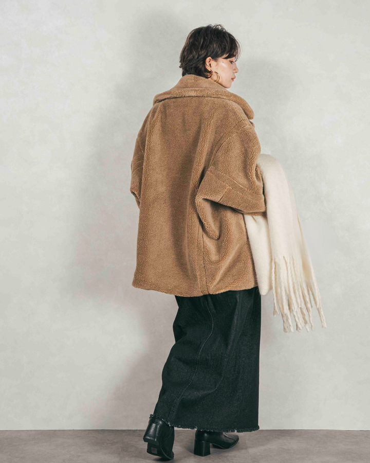 ［SET］テディボア Middleコート+フロントスリット Iラインデニムスカート（2SET）