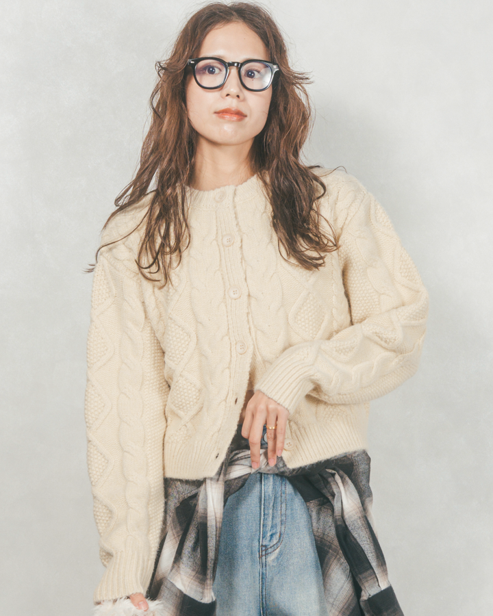 ［SET］ケーブルKnitクルーカーディガン+ワイドTuckイージーデニム（2SET）