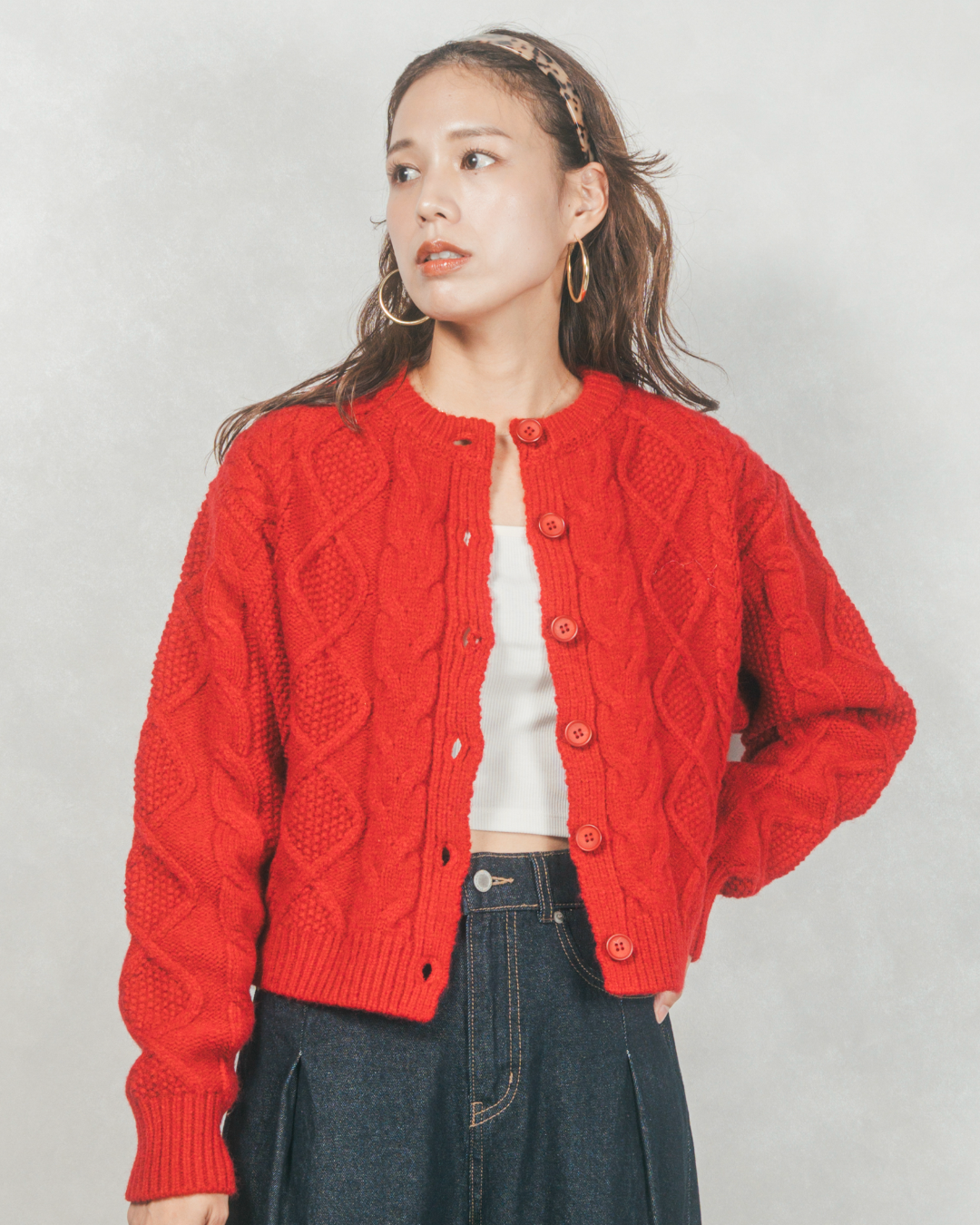 ［SET］ケーブルKnitクルーカーディガン+ワイドTuckイージーデニム（2SET）