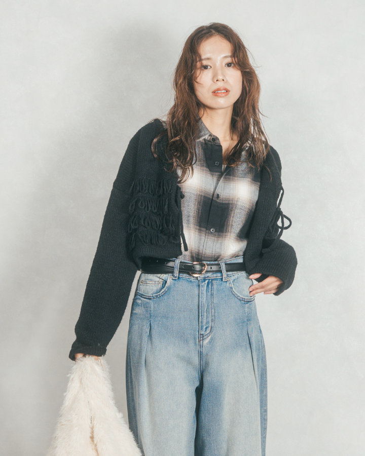 ループ編みフリンジカーディガン (BLACK)