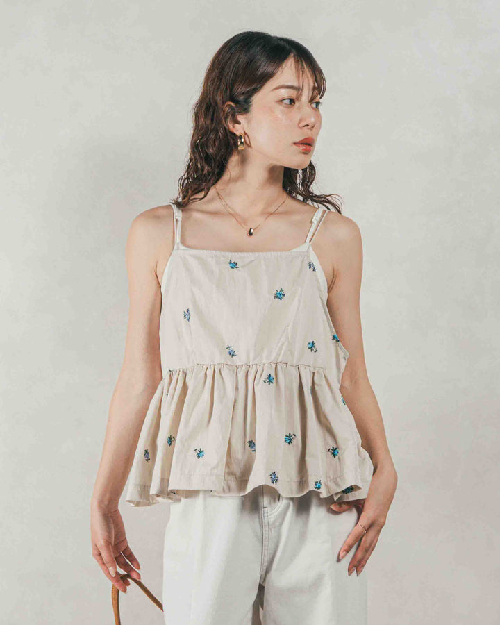 ［SET］Flower刺繍　ボリュームキャミ + 10oz ニュアンスバイカラー リラックスワイドデニム（2SET）