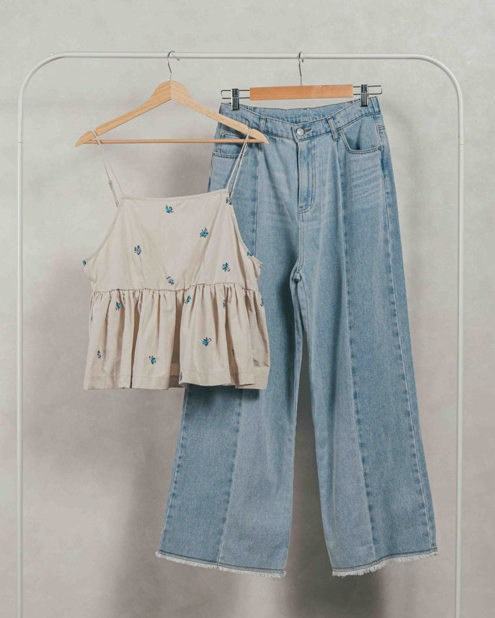 ［SET］Flower刺繍　ボリュームキャミ + 10oz ニュアンスバイカラー リラックスワイドデニム（2SET）