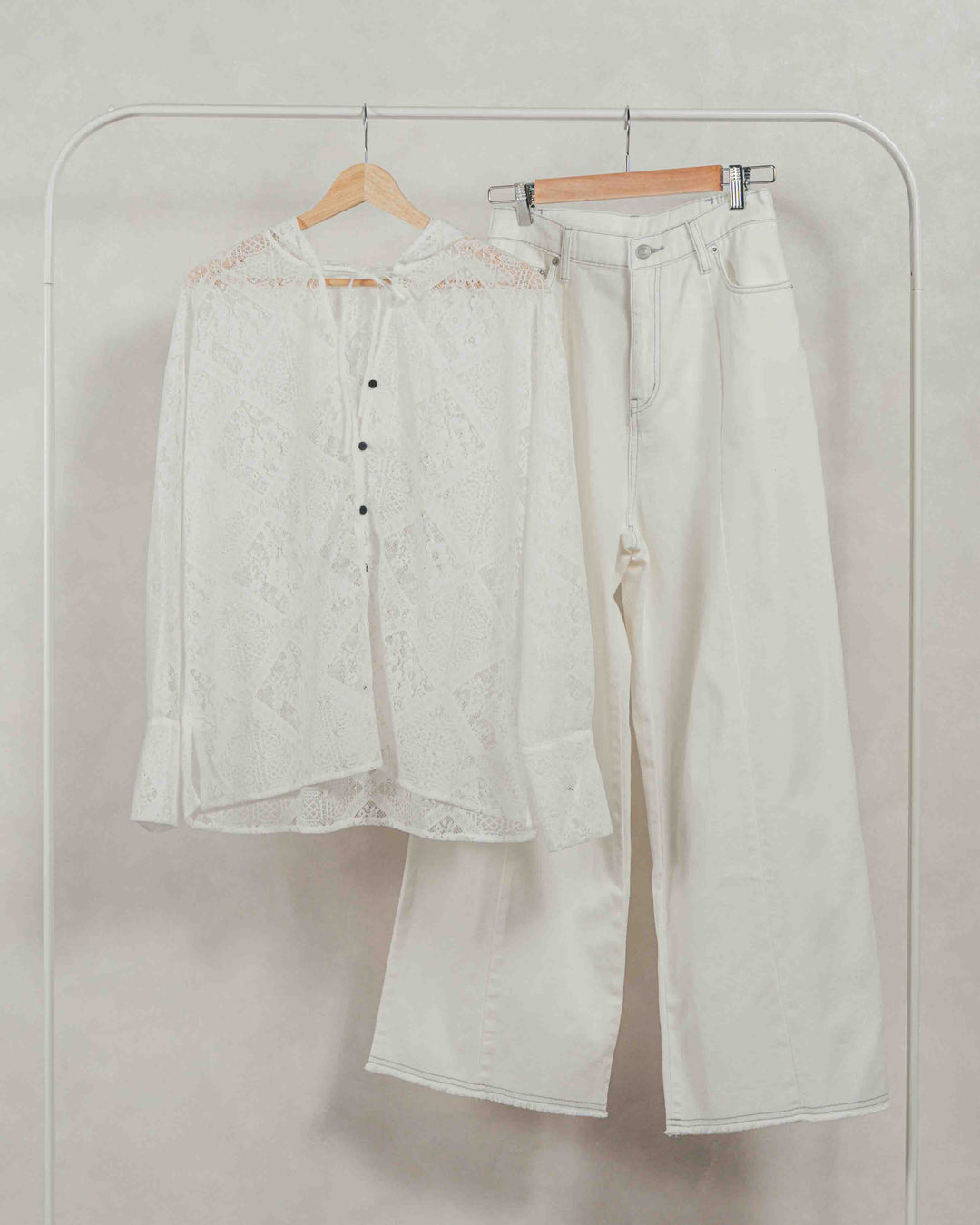 ［SET］Blockレース　フーディーブラウス + 10oz ニュアンスバイカラー リラックスワイドデニム（2SET）