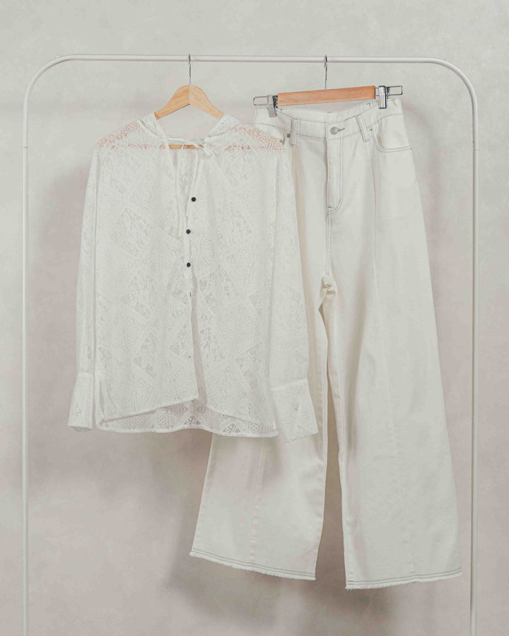 ［SET］Blockレース　フーディーブラウス + 10oz ニュアンスバイカラー リラックスワイドデニム（2SET）