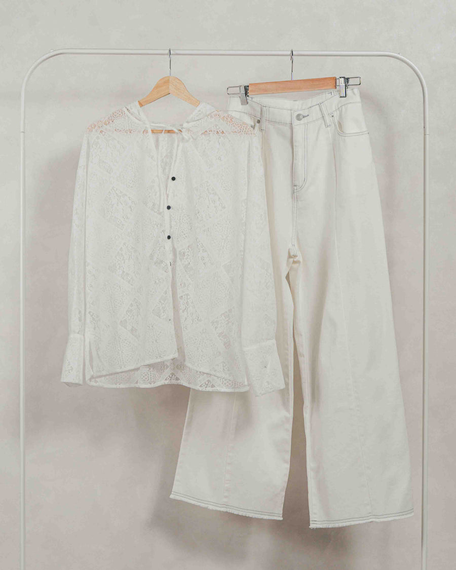 ［SET］Blockレース　フーディーブラウス + 10oz ニュアンスバイカラー リラックスワイドデニム（2SET）