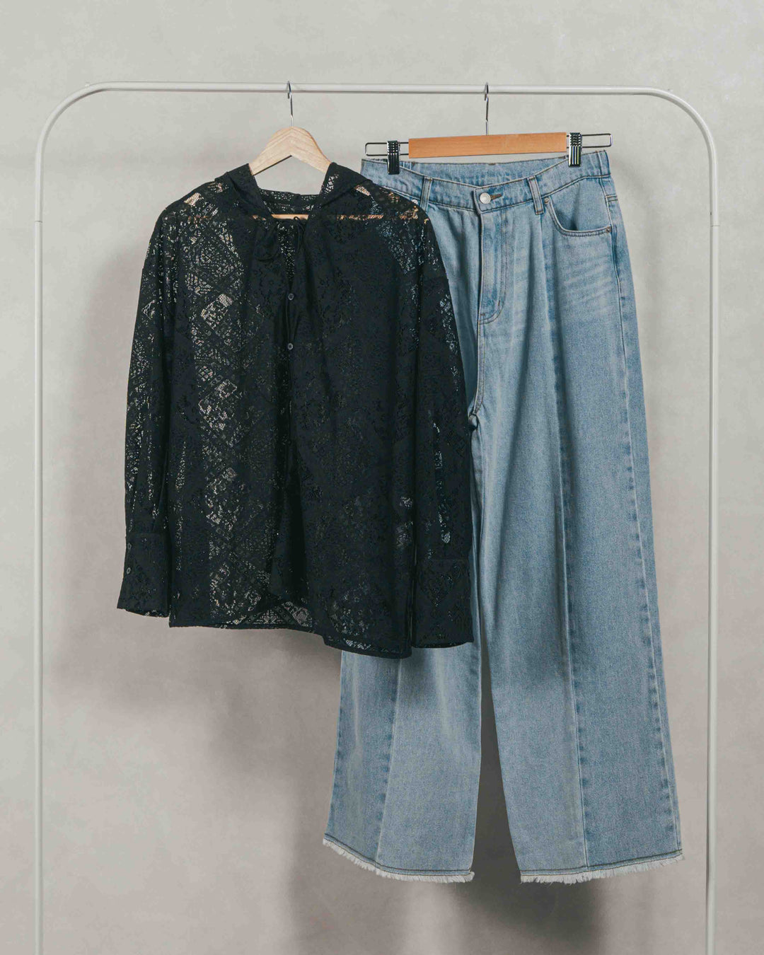 ［SET］Blockレース　フーディーブラウス + 10oz ニュアンスバイカラー リラックスワイドデニム（2SET）