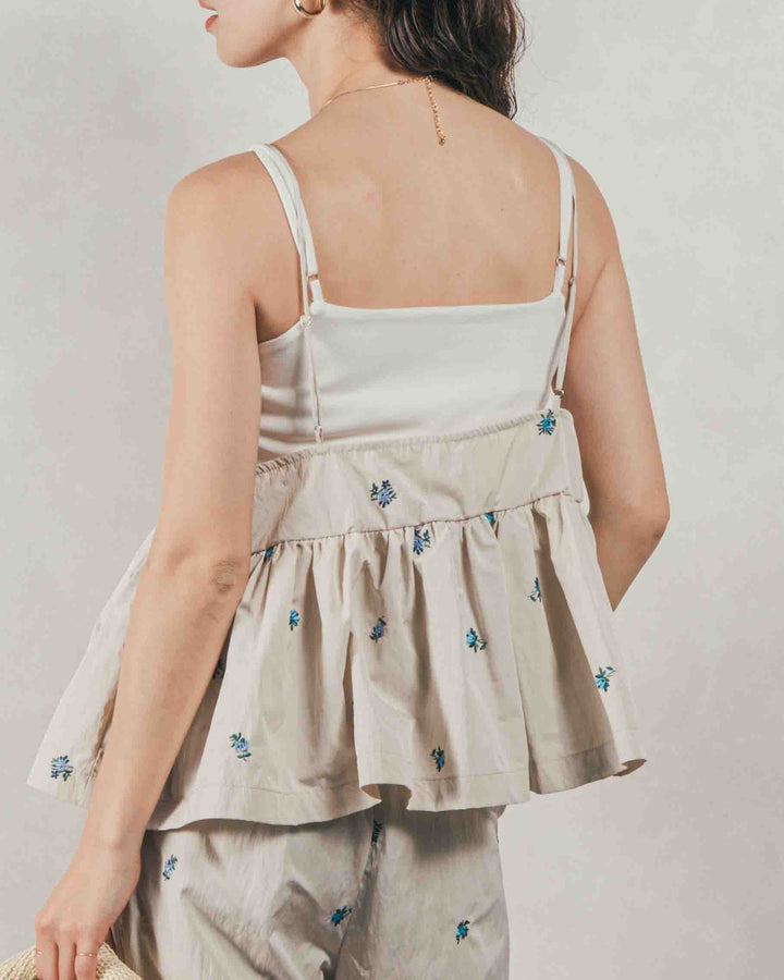 ［SET］Flower刺繍　ボリュームキャミ + 10oz ニュアンスバイカラー リラックスワイドデニム（2SET）