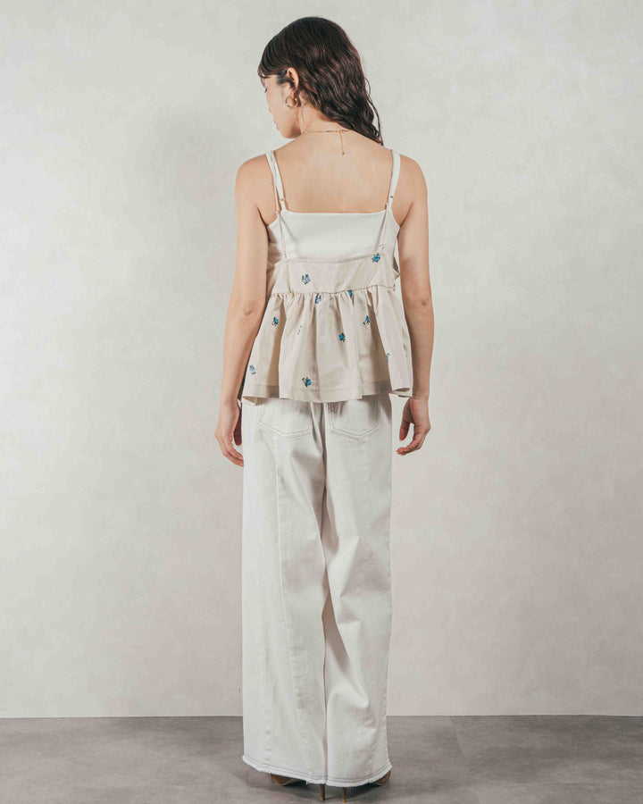 ［SET］Flower刺繍　ボリュームキャミ + 10oz ニュアンスバイカラー リラックスワイドデニム（2SET）