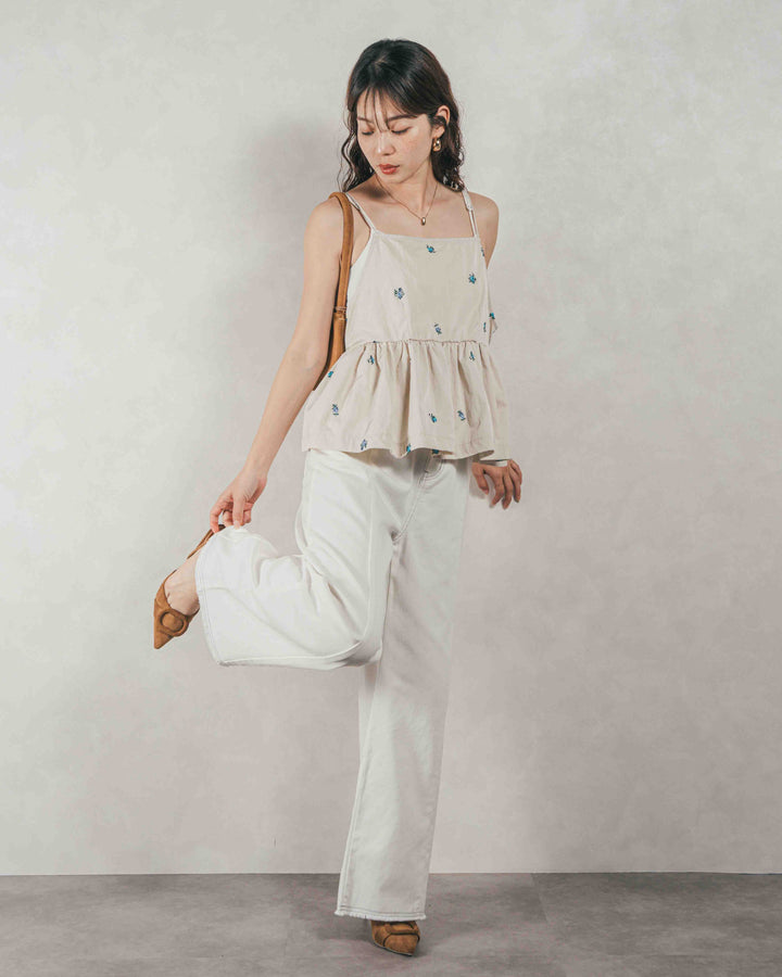 ［SET］Flower刺繍　ボリュームキャミ + 10oz ニュアンスバイカラー リラックスワイドデニム（2SET）